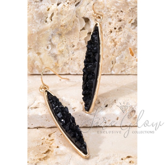 Fire Glow Jewelry - Teardrop / Marquise Shape Black Druzy Earrings
